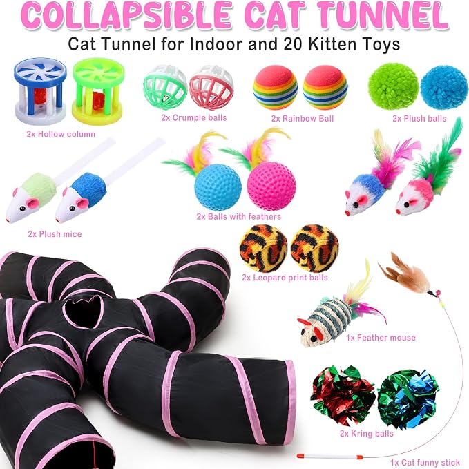 Poen 21 Pcs Cat Tunnel for Indoor Set Collapsible 5 Way Tubes with 20 Pcs Cat Kitten Toys Interactive Feather Toy Mouse Crinkle Balls Tube for Puppy Kitten Rabbit(Pink Black) - Image 2