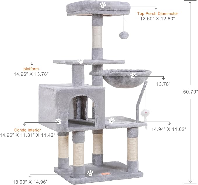 Heybly Cat Tree with Toy, 43.3 inch Cat Tower for Indoor Cats HCT004W | Cat Condo with Durable Sisal Scratching Posts, Cat House with Padded Plush Perch, Cozy Hammock, Light Gray - Image 3