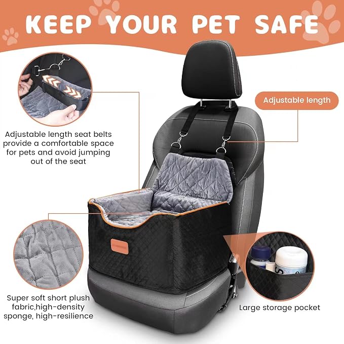 AlfaTok Memory Foam Booster Dog Car Seat with Washable Removable Cover, Elevated Pet Car Seat, Anti-Slip Sturdy Booster Seats for Small Dogs 35lbs, Seat Belt, Storage Pocket, Dog Blankets - Image 3