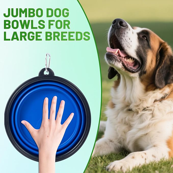 Extra Large Dog Bowl Pet Collapsible Bowls, 2 Pack Collapsible Dog Water Bowls for Large Dogs Portable Pet Feeding Water Dish for Walking Parking Traveling with 2 Carabiners (Blue+Green, Jumbo) - Image 2