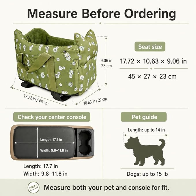 Center Console Dog Car Seat Safe Travel for Small Dogs Under 15 lbs | Detachable Washable Pet Carrier with Storage Pockets & Safety Leash, Light Green - Image 4