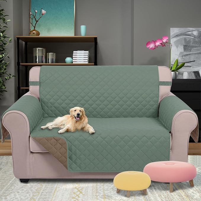 U-NICE HOME Loveseat Sofa Cover for 2 Cushion Couch, Greyish Green/Taupe | 54''Oversized Loveseat Cover Washable, Pet Friendly, Elastic Straps, Water Repellent, Furniture Protector for 2 Cushion - Image 2