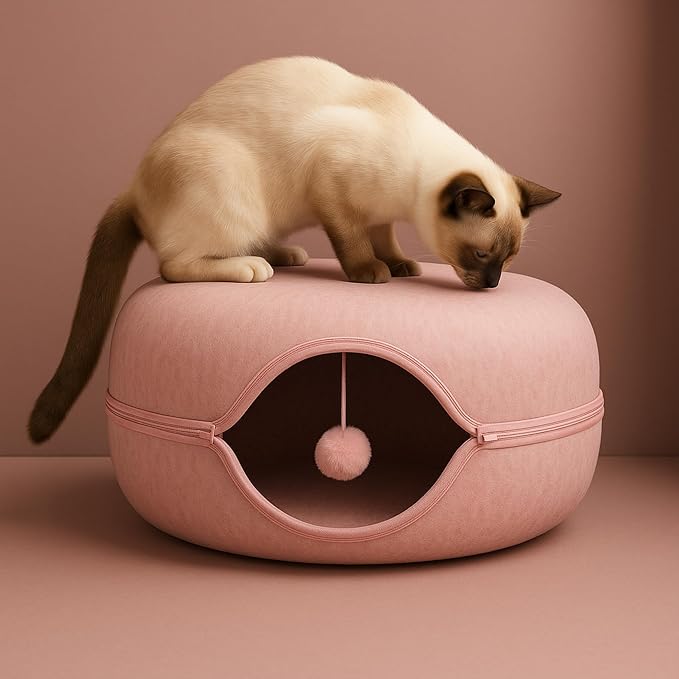 Okoco Cat Tunnel Bed for Indoor Cats Large, 24" Peekaboo Cat Cave Donut Bed for Pets up to 45lbs, 2-in-1 Round Tube with Hanging Ball Toy & Removable Machine Washable Parts (Pink) by Unknown