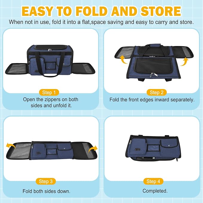 HUANLANG Large Cat Carrier Soft Sided Travel Pet Carrier Airline Approved | Dog Carriers for Small Dogs Medium Cats,Collapsible,3 Storage,zipper lock,Reflective strips,Luggage Strap, Up to 15 Lbs - Image 9