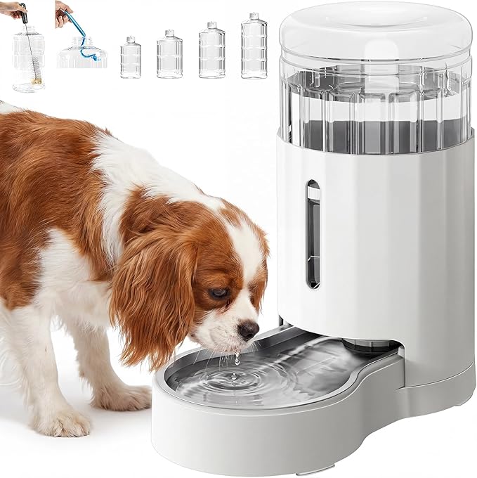 CZPET Dog Water Bowl Dispenser 7L, Wider Mouth Gravity Refilling (White) | With Stainless Steel Bowl Gravity Waterer, Large Capacity and Drinking Area Noise-Free for Pets by CZPET