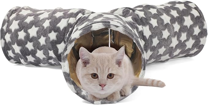 Cat Tunnel Toy- 3 Way-Shaped, Gray Star Pattern, Soft Velvet Exterior, Oxford Fabric Fog-Proof Interior, Plush Toy Ball, Easily Washable, Conveniently Foldable - Image 3