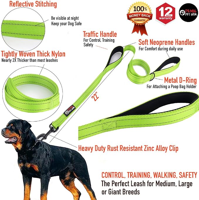 Dog Leash 6ft Long,Traffic Padded Two Handle,Heavy Duty,Reflective Double Handles Lead for Control Safety Training,Leashes for Large Dogs or Medium Dogs,Dual Handles Leads(Green) - Image 2