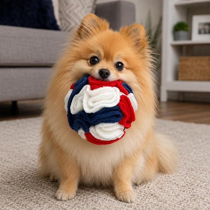 Glory To Dog Puppy/Small Breed Snuffle Ball Toy Celebration Red White Blue | Interactive fleece snuffleball hides treats at variable depths. Puzzle engages smell & foraging. Machine washable 4" - Image 4