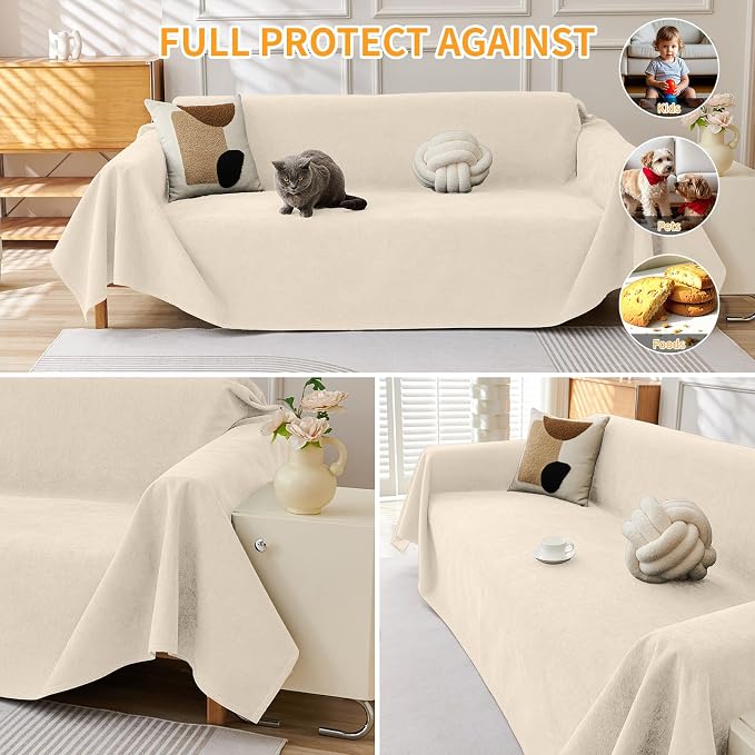 Deep Dream Cat-Scratch Resistant Couch Cover, Waterproof Sofa Cover for 3 Cushion Couch Washable, Pet Friendly Couch Protectors Anti Slip Thickened Sofa Slipcovers for Dogs Pets, 71" x 150", Beige - Image 5
