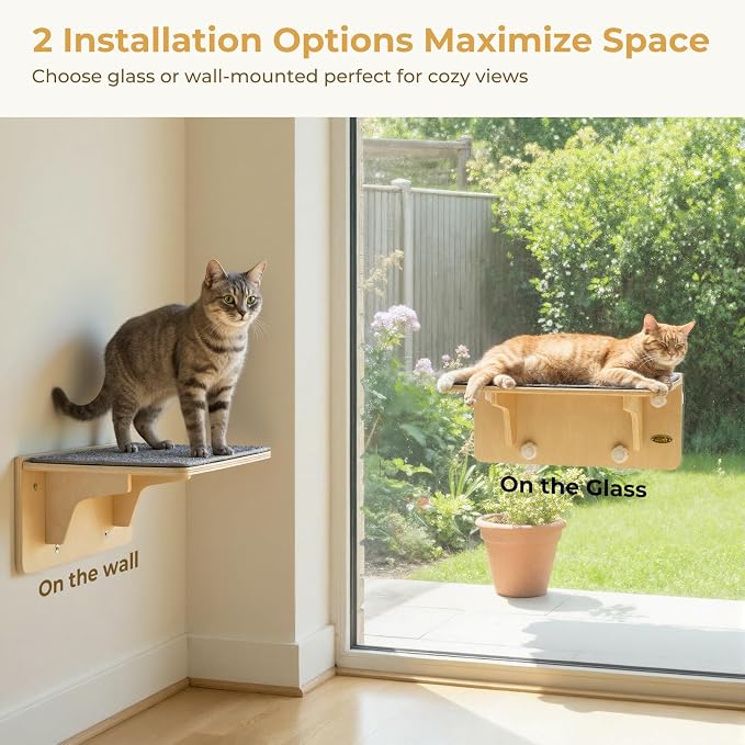 Pecute 2-in-1 Cat Window Perch & Wall Shelves, Cat Hammock Window 16"x10" | Solid Wood Frame, Strong Suction Cups, Washable Cover Mat, Window Bed for Kitten, Indoor Cats, Window Seat for Birds Watching - Image 2