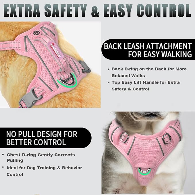 BARKBAY No Pull Dog Harness Large Reflective Dog Harness with Front Clip and Easy Control Handle for Walking Training Running with ID tag Pocket(Baby Pink,S) - Image 3