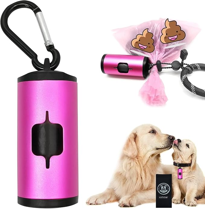 YUCHIYA Aluminum Dog Poop Bags Holder with Carabiner Metal Pet Waste Bags Dispenser with Hook and Loop Fastener and Elastic Cord to Carry Used Bags (Pink, 1 Holder 15 Bags) by YUCHIYA