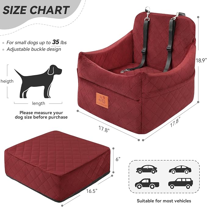 GL GLENSLAVE Dog Car Seat for Small/Medium Dogs&Cats,Thick Booster Car Seat | Dog Car Bed for Pet Under 35lbs, Detachable Washable Pet Car Seat with Storage Pockets, 2 Safety Belts(Red) - Image 3