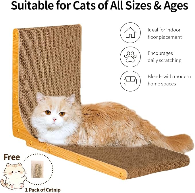 L-Shape Cat Scratcher， 21 Inch Double-Sided High Density Corrugated Cat Scratch Pad, with Catnip, Multi-Angle Furniture Protector, Indoor cat use, Small Size. - Image 2