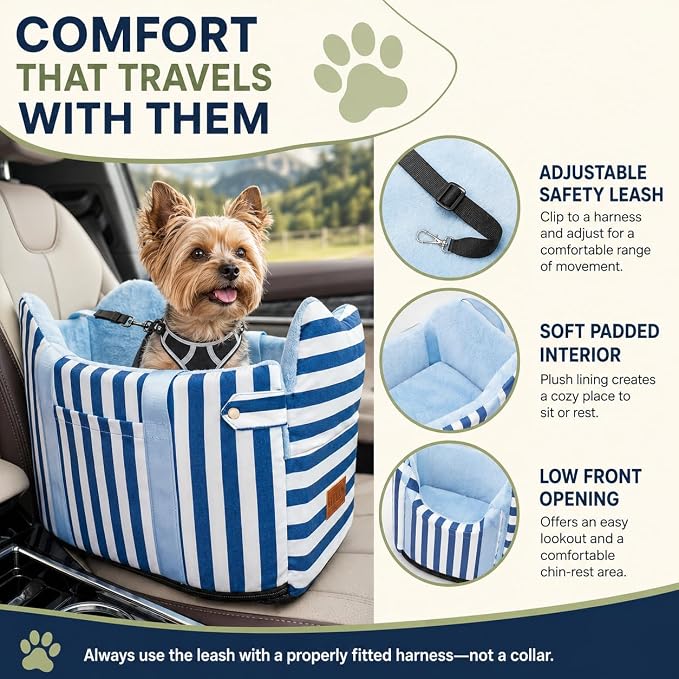 Console Dog Car Seat for Small Dogs to 15lbs (Blue& White Stripes) | Center Console Puppy Booster and Portable Travel Bed, Anti-Collapse Design with Washable Fluffy Cushion - Image 5