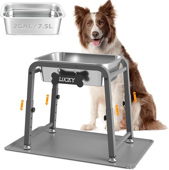 2 Gallon Elevated Large Dog Water Bowl with Mat, 4 Height Adjustable 10.4-15.2", Raised Dog Water Bowl Stand for Large Breed by TIDANT