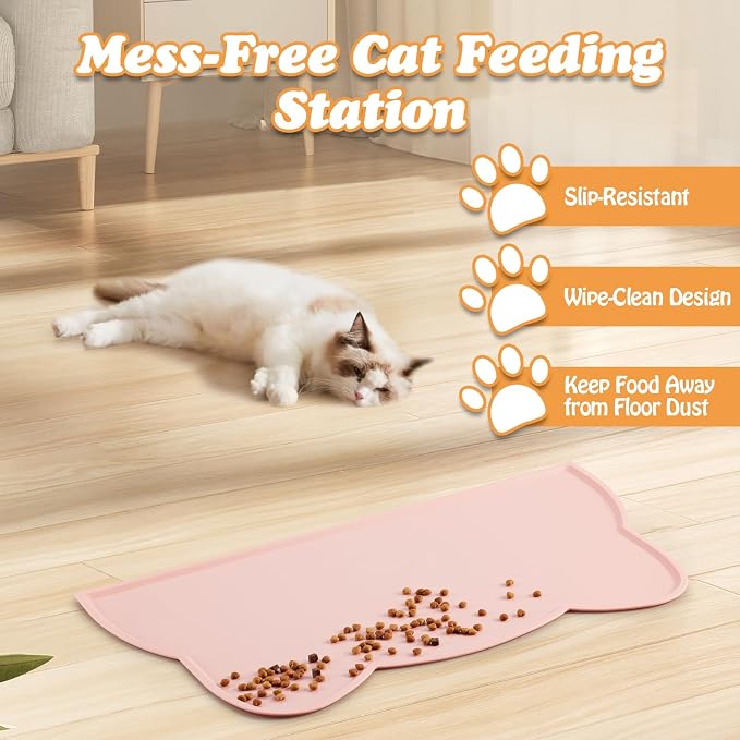 Elevated Cat Bowls with Food Mat & Metal Stand - 7.1" Wide Stainless Steel Whisker Friendly Dishes, 15° Tilt for Cats/Kittens/Small Dogs, Indoor/Outdoor & Travel Use (2-Pack) HBGmao-hao (Pink) - Image 5
