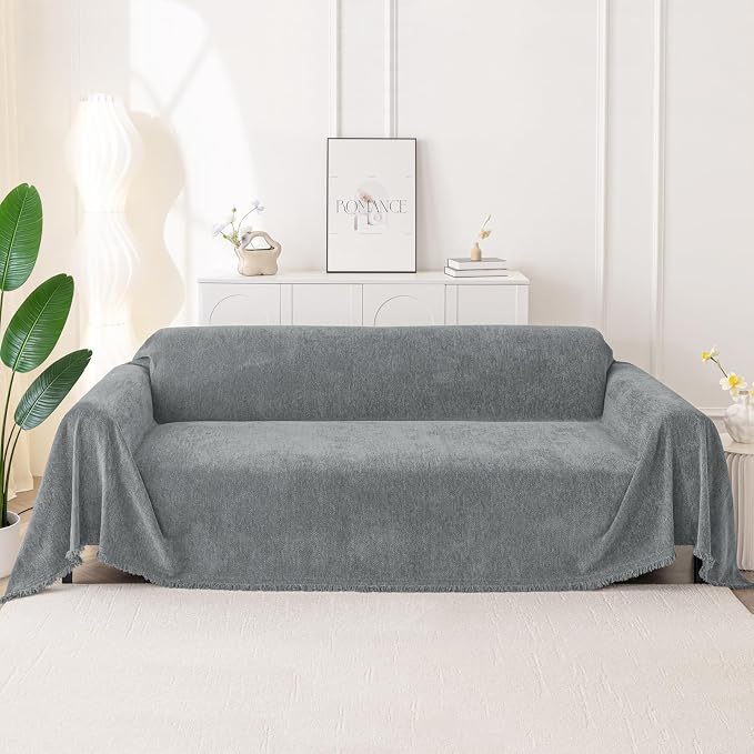 Smiry Couch Cover for Dogs, Chenille Sofa Covers for 3 Cushion Couch | Washable Soft Sofa Slipcover for Pets, Thick Sectional Furniture Protector with Tassels (Grey, 88.5x118 Inch) - Image 10