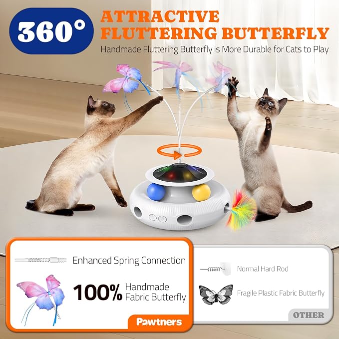 Pawtners Cat Toys, Automatic Interactive Kitten Toys for Indoor Cats, White | Fluttering Butterfly, Moving Feather, Track Balls and USB Rechargeable Powered Smart Indoor Exercise Kicker - Image 4