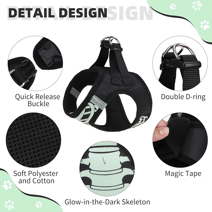 KOOLTAIL Halloween Dog Harness and Leash Set for Small Medium Dogs,Step in No Pull Soft Mesh Comfort Padded Pet Vest Harness,Glow-in-Dark Skeleton Design Easy Walking Puppy&Cat Harness for Holiday M - Image 6