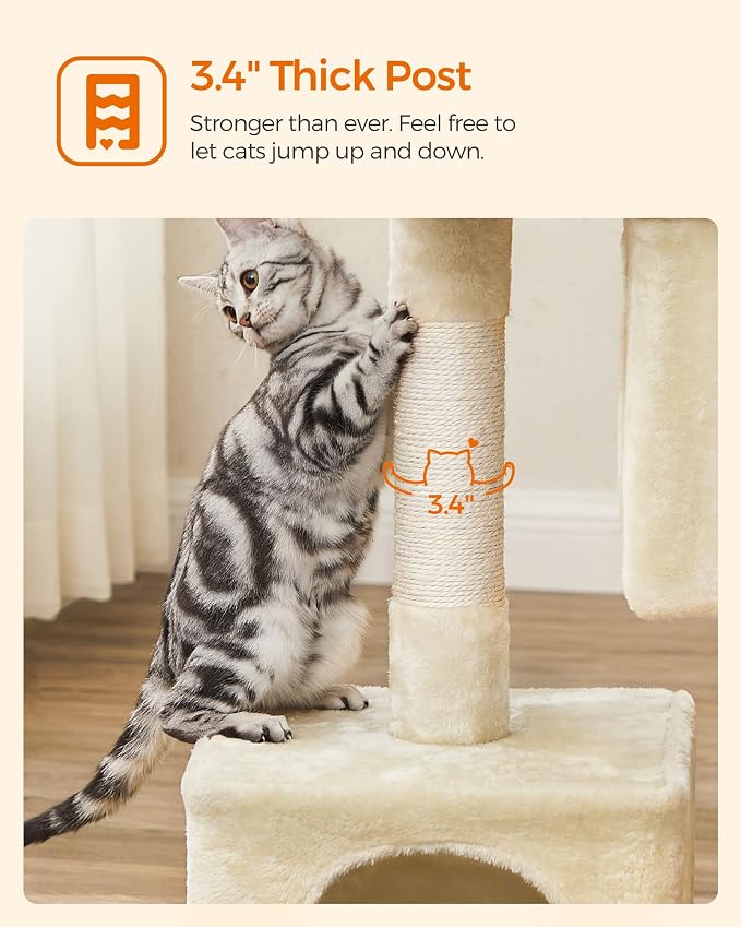 Feandrea Cat Tree, 33.1-Inch Cat Tower, Plush Condo for Large Cats up to 16 lb, Large Perch, 2 Caves, Scratching Post, Beige UPCT61M - Image 7