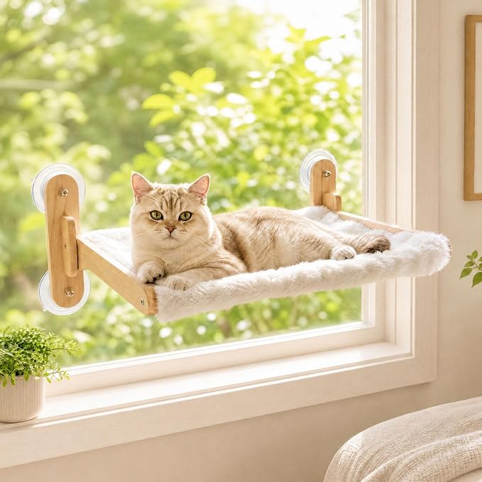Foldable Cat Window Perch,Cat Hammock Bed with Wood Frame,Washable Soft Rabbit Fur Cover,Strong Suction Cup,Window Seat for Kitten, Indoor Cats, Birds Watching by Unknown