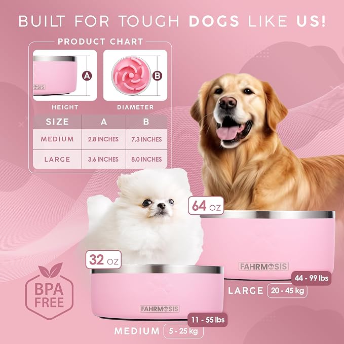 FAHRMOSIS 32 Oz Dog Bowl with Slow Feeder Insert Stainless Steel Pet Water Bowl for Medium & Large Breed Non Slip Rubber Base & Plastic Puzzle Feeder - Pink - Image 3