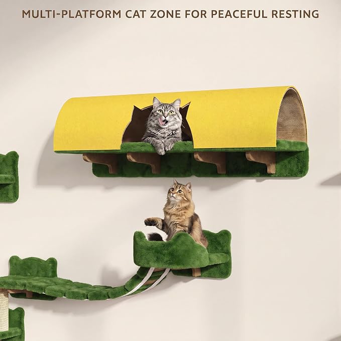 16-in-1 Cat Wall Shelves, Cat Furniture w/Tunnel & Bridge, Green | Wall Mounted Cats Shelf Set with Plush Fabric, Cat Climbing Wall Systems for Adult Cats, with Scratching Posts, Condos - Image 5