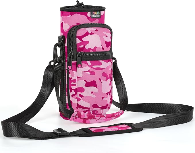 Nuovoware Water Bottle Carrier Bag, 25oz/32oz, Camouflage Pink | Adjustable Shoulder Hand Strap, 2 Pocket, Neoprene Sleeve, For Hiking Travelling Camping by NUOVOWARE