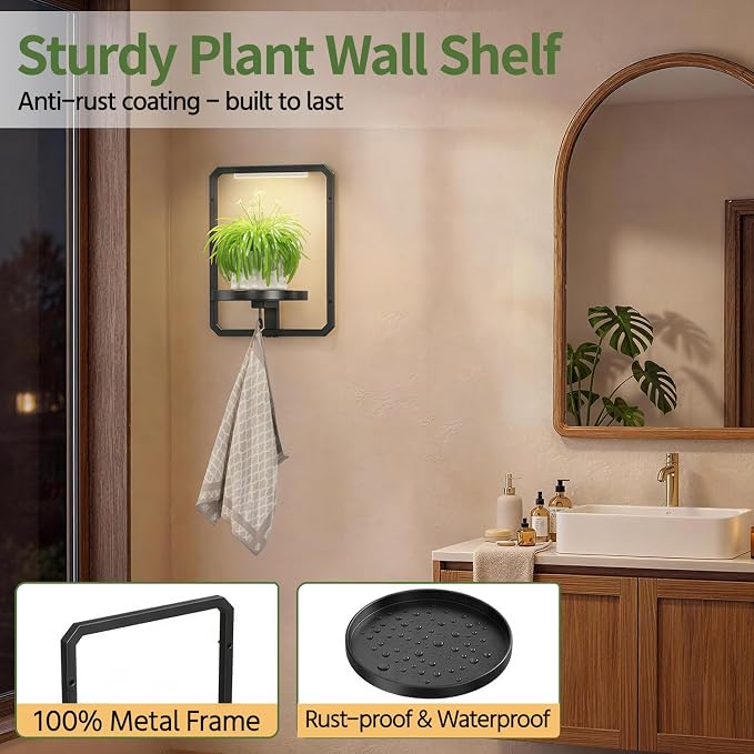LASZOLA Plant Picture Frame Holder Shelf Wall with Lights, Black | Modern Floating Flower Hanger Indoor, Window Wall Mounted, with Hooks, Metal Planter Hanging Stand Display for Bathroom - Image 6