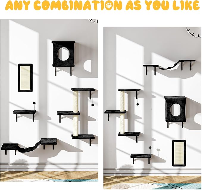 Cat Wall Shelves, 10-in-1 Wall-Mounted Cat Furniture Set | Large Cat Climber Set with House, Bridge, Steps, Scratcher, DIY Playground, Shelves for Indoor Wall Furniture Set - Black - Image 3