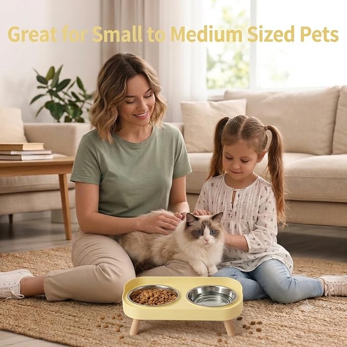 Elevated Cat Bowls, 2 Stainless Steel Raised Cat Food and Water Bowl Set, Splash Proof & Non-Slip, Whisker Fatigue Friendly, Dishwasher Safe for Cats and Small Dogs - Yellow - Image 7