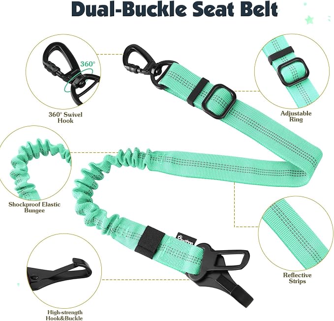 Pawaboo Dog Seat Belt Harness for Car, Seatbelt Harness with 2 in 1 Buckle | Adjustable Breathable Harness for Car, Elastic Reflective Heavy Duty Dog Tether, for Small Medium Large Pets, S, Blue Light - Image 3