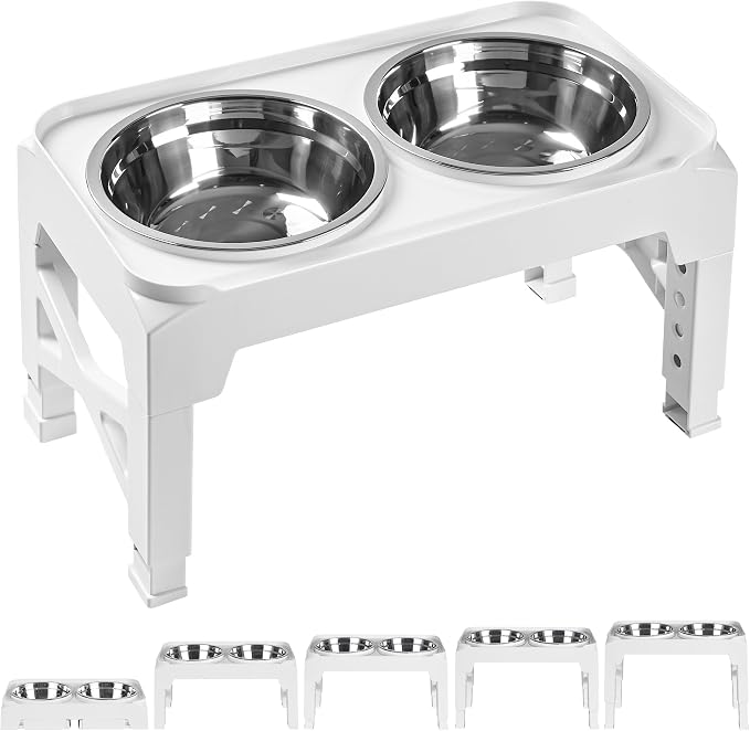 Elevated Dog Bowls with 2 Stainless Steel Food & Water Raised Bowls with No Spill Edge Non-Slip Stand Adjusts to 5 Heights(3.2", 8.77", 9.9",11.1", 12.3") for Small Medium Large Dog and Pet White by Hubulk