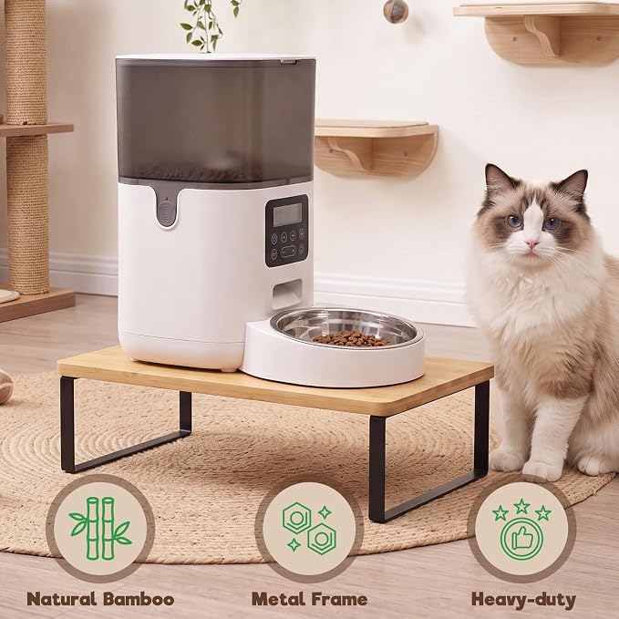 Bamboo Wood Cat Food Stand for Automatic Cat Feeder and Bowls | Non-Slip Metal Frame Elevated Cat Bowls Stand 15.7'' x 9.1'' Tabletop Fit Most Automatic Feeders, Raises Feeder/Bowl by 3.5'' - Image 3