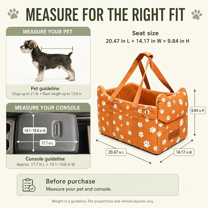 Center Console Dog Car Seat for Medium Dogs, Orange | Portable Armrest Booster With Soft Cushion Safety Belt, Up To 21 Lbs - Image 3