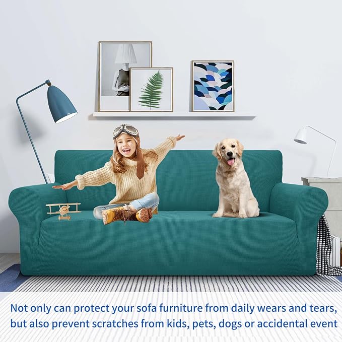 MAXIJIN Super Stretch Couch Cover for 3 Cushion Couch, 1-Piece Universal Sofa Covers Living Room Jacquard Spandex Furniture Protector Dogs Pet Friendly Fitted (Large, Peacock Teal) - Image 5