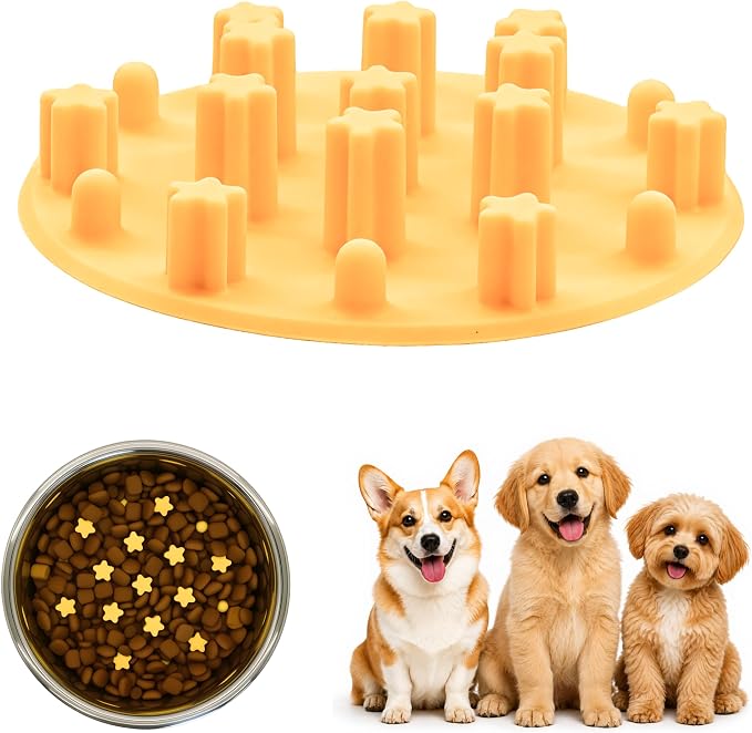 Slow Feeder Insert for Cat and Dog Bowls, Medium 4.8 Inch, Yellow | Soft Silicone with 19 Suction Cups, Removable for Easy Cleaning and Best on Smooth, Flat-Bottom Surfaces by Unknown