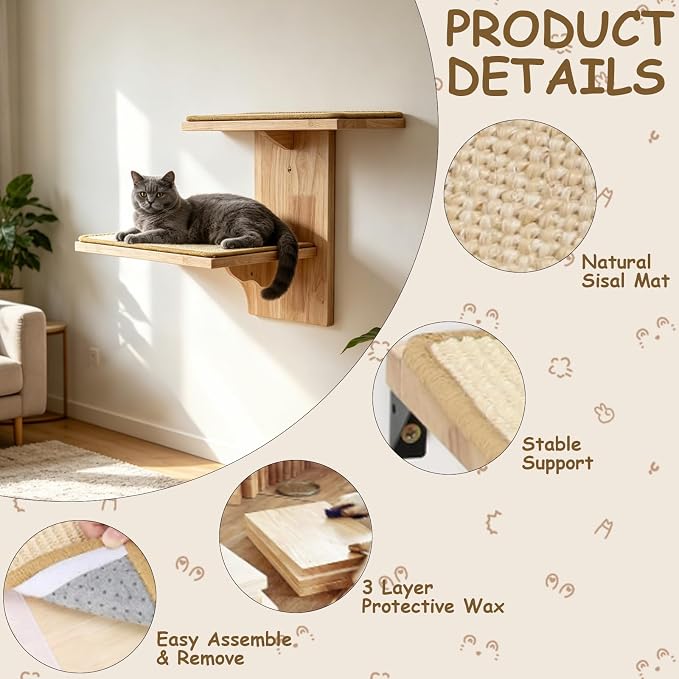 2-Tier Cat Wall Shelves, Wood Cat Wall Furniture with Sisal Mat | Sturdy and Stable Pine Wood Holds up to 30lbs | All Hardware for Easy Install | Ideal for Indoor Cats to Scratch, Play & Nap - Image 7