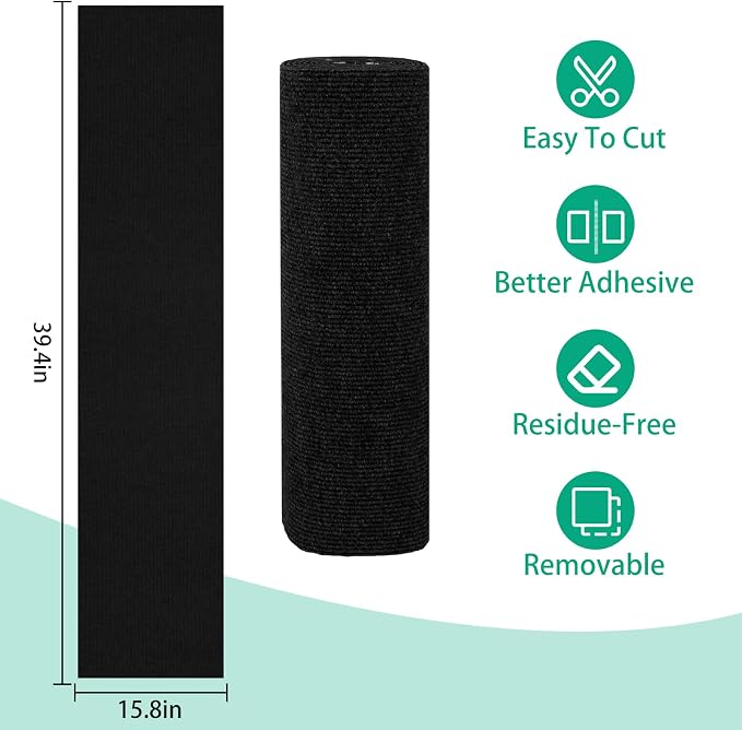 Trimmable Cat Scratcher Mat, Self-Adhesive Cat Scratching Carpet Pad Replacement for Cat Tree Shelves, Cat Steps and Posts, DIY Cat Scratch Couch Furniture Protector (Black, 39.4"x15.8") - Image 2