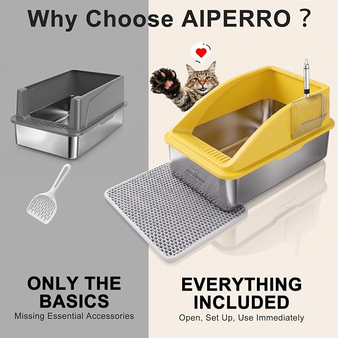 AIPERRO Stainless Steel Litter Box | XL Metal Cat Litter Boxes with Lid | Enclosed High Sided for Big Cats | Anti-Urine Leakage | Non-Stick & Easy to Clean with Litter Mat & Metal Scoop (Yellow) - Image 3