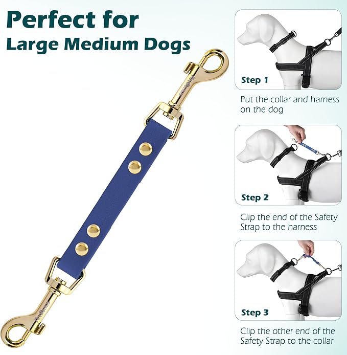 PetBonus Dog Collar Safety Clip, Waterproof Backup Safety Strap | Prong Collar to Harness Connector, Escape Proof, Odor Proof, Easy to Clean, Double Ended Clasp for Training Walking, Blue - Image 6