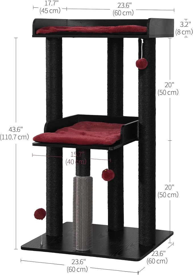 43.7" Modern Cat Tree, Cat Tower for Large Cats, Wood Cat Tree | Maine Coon Cat Tree, Cat Tower with Scratching Post, Large Perch and Removable Pads, Black&Red - Image 5