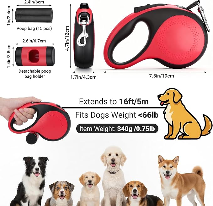 Segarty 16 Ft Retractable Leash with Waste Bag Dispenser, 5m Dog Leash Anti-Slip Handle and 360°Tangle-Free Retraction for Pets up to 66 lbs, Dogs Walking Accessories with One-Handed Brake Pause Lock - Image 2