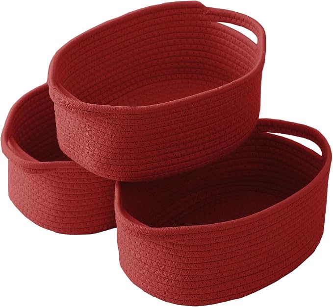 JMvicyroam Small Woven Basket, Empty Gift Basket, Red/3 Pack | Small Gift Basket, Cotton Rope, 12 x 8 x 23 in, Handles, Includes Ribbon and Bag, Birthday Gift Basket by JMvicyroam
