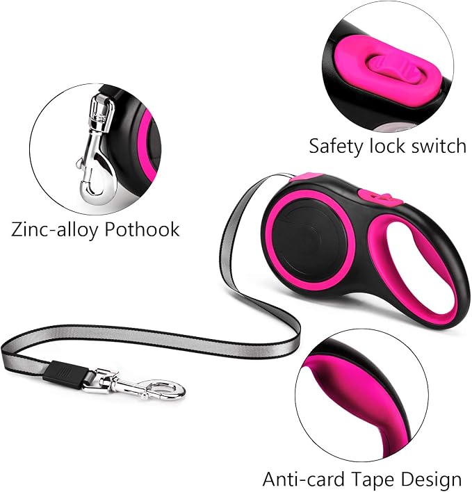Segarty 26ft Dog Leash Retractable, 8m Dog Leads Long for Medium Large Breed Pets 44-110Lbs, No Tangle Nylon Tape and 1 Button Break & Lock Heavy Duty Leash for Training Running, Pink - Image 2