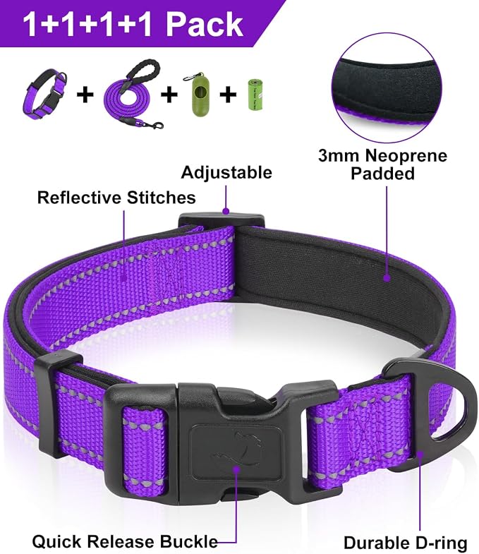 Dynmeow Reflective Dog Collar and Leash Set for Puppy Small Dogs, Purple | Soft Neoprene Padded, 6FT Climbing Rope, Ideal for Daily Outdoor Walking or Indoor Wearing, Night Visible for Safety - Image 2