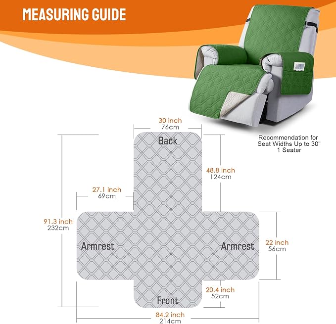 VANSOFY 100% Waterproof Recliner Chair Covers Washable, Vine Green, 30" | Non-Slip, Slipcover with Pocket, Furniture Protector, Elastic Straps, Chair Cover for Pets, Dogs - Image 2
