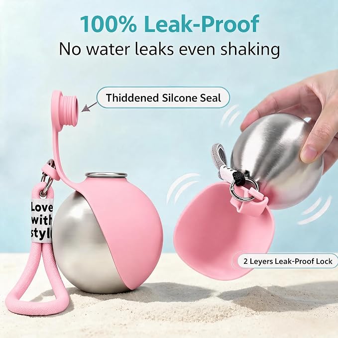 Dog Water Bottle Portable - 2 in 1 Stainless Steel Tumbler with Foldable Round Silicone Ball Bowl, 2-in-1 Leak-Proof Design for Dogs Pet Travel Walking Drinking（Pink） - Image 3