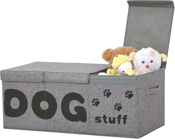 Qozary Dog Toy Storage Box - 3 Grids Large Dog Toy Basket and Storage Bin With Lid for Pet Supplies, Perfect To Keep Everything Organized by Qozary